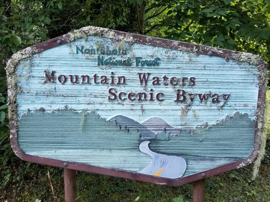 House for sale Franklin NC — Mountain Waters Scenic Byway sign